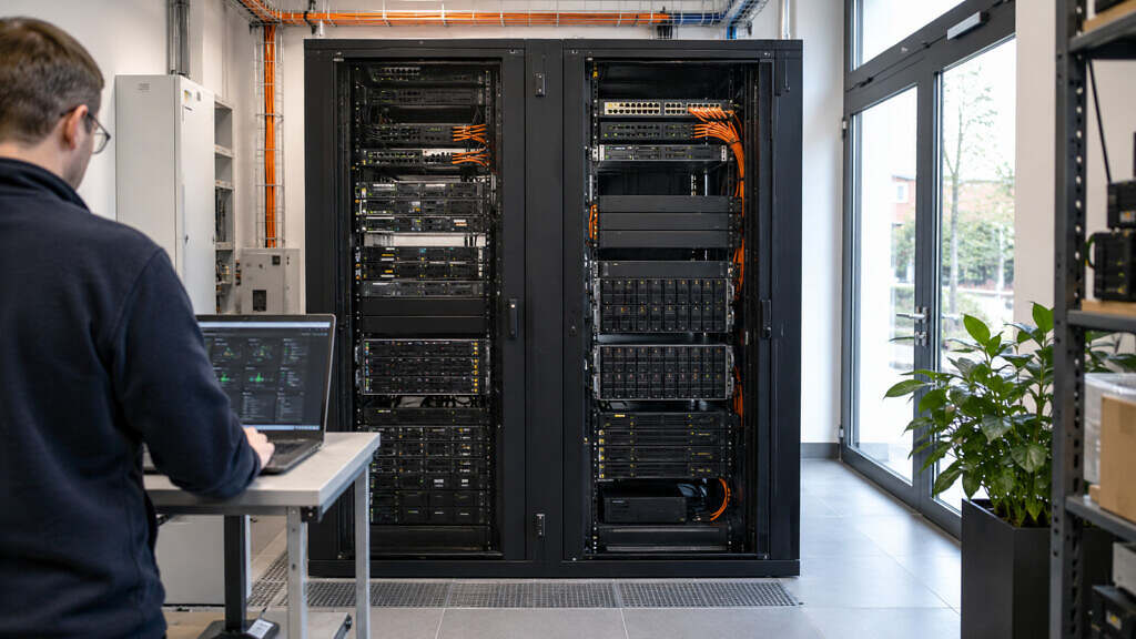 Un tecnico gestisce un cluster di virtualizzazione compatto in una sala server luminosa
