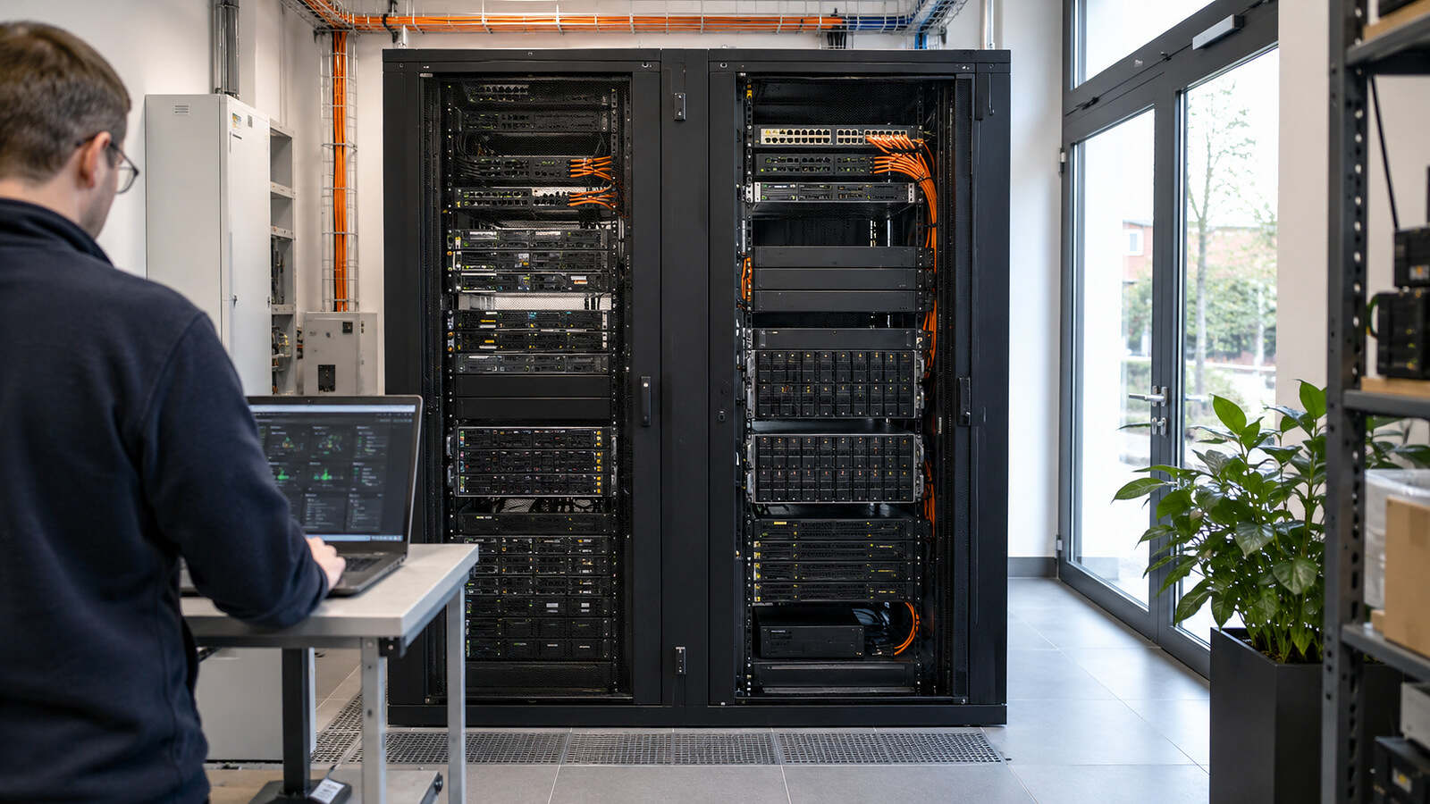 Un tecnico gestisce un cluster di virtualizzazione compatto in una sala server luminosa